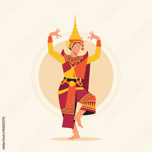 Traditional Thai Dancer in Elegant Costume Performing Classical Dance.