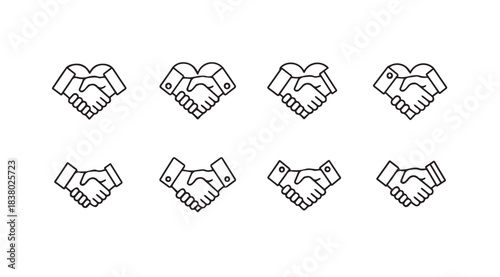 Eight handshake icons representing agreement partnership and trust silhouette
