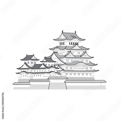 Traditional Japanese Castle Architecture with Multiple Tiers and Ornate Roofs.