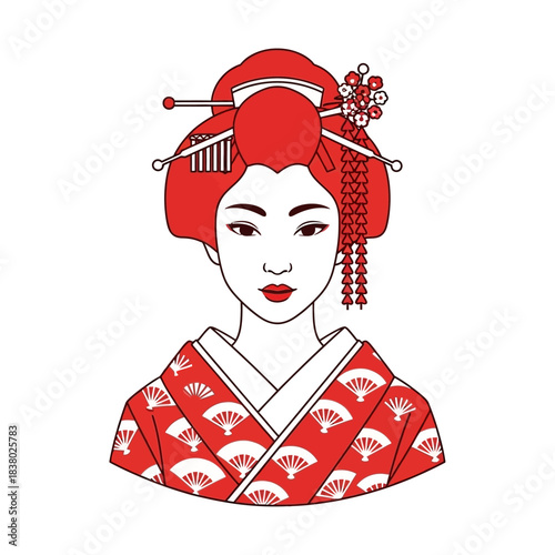 Traditional Japanese Geisha Portrait with Red Kimono and Elaborate Hairdo.