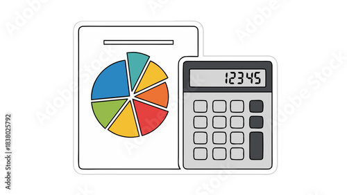 Colorful Pie Chart and Calculator on White Background Representing Financial Data Analysis and Business Planning