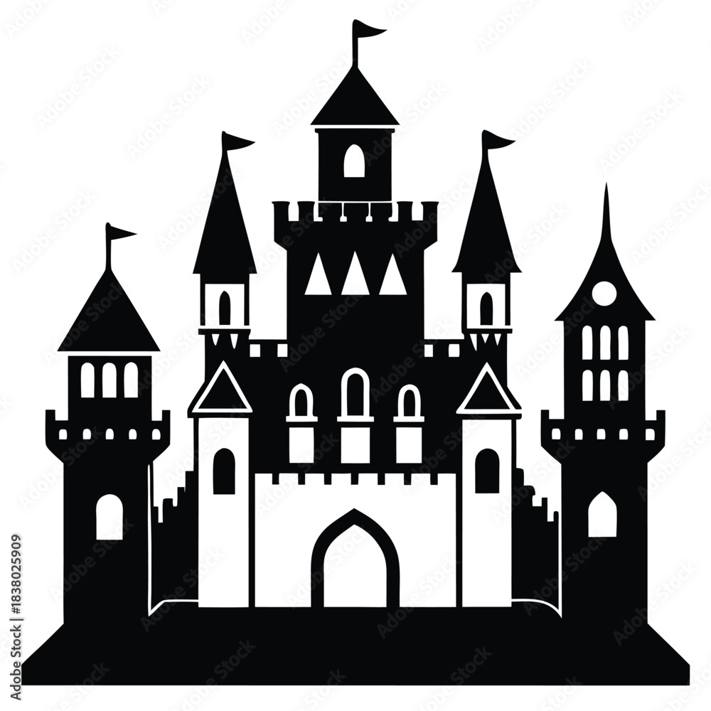 Fototapeta premium ancient castle with towers black and white silhouette on white background
