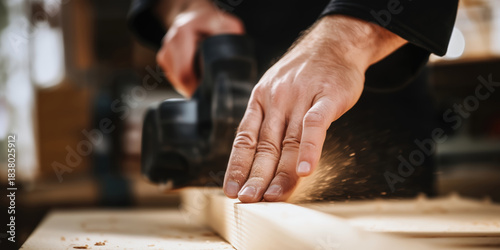 Man is using a power tool to cut wood. Concept of craftsmanship and skill, as the man carefully operates the tool to shape the wood. The scene suggests a focus on precision and attention to detail