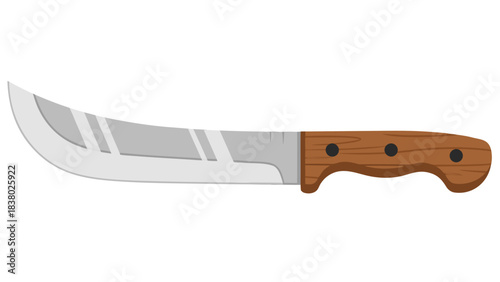 Curved Blade Knife with Wooden Handle Displayed Against a Black Background with Silver Reflections on the Blade