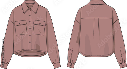 Flat sketch, button-up shirt, fashion design, technical drawing, long sleeve, chest pockets, casual wear, garment construction, apparel template, relaxed fit