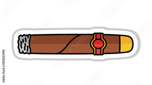 Close Up Of A Single Cigar With A Red And Gold Band And A Yellow Tip Isolated On A Black Background With White Outline And Shadow