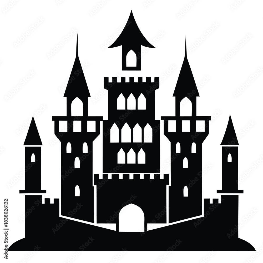 Obraz premium ancient castle with towers black and white silhouette on white background