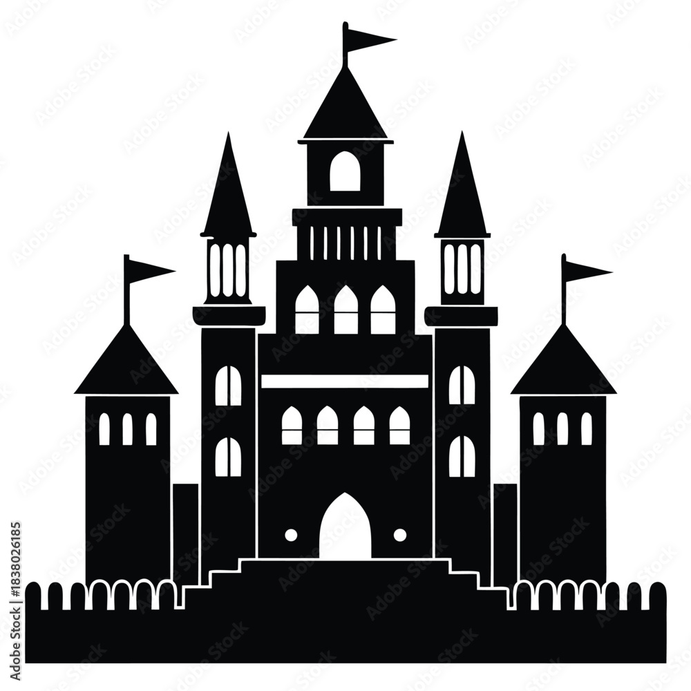 Obraz premium ancient castle with towers black and white silhouette on white background