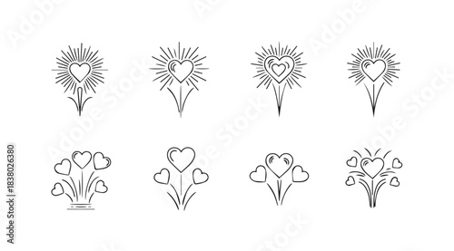 Collection of eight intricate abstract heart shaped floral decorative ornaments silhouette