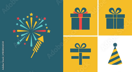 Vibrant celebration icons featuring fireworks, gift boxes, and a party hat.