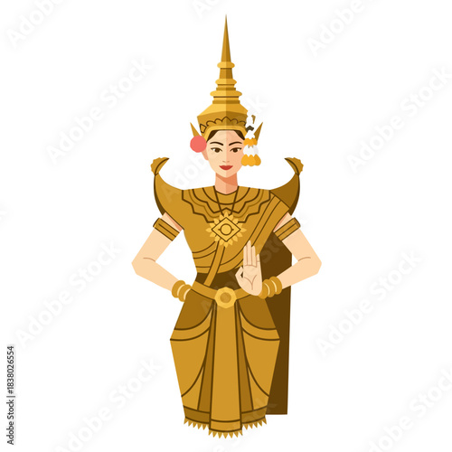 Traditional Thai dancer in golden costume performing a classical dance.