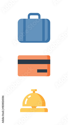 Travel and hospitality essentials - suitcase, credit card, and service bell icons.