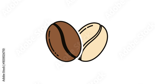 Two coffee beans, one roasted and one unroasted, side by side.