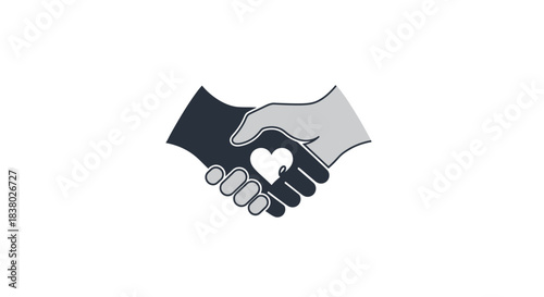 Two hands shaking with a heart in the middle, symbolizing unity and love.