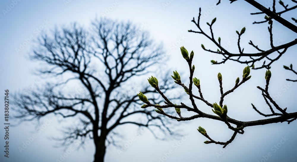 Fototapeta premium Bare Winter Tree with First Tiny Green Buds, Symbol of Renewal