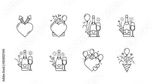 Collection of eight hand drawn romantic celebration icons in silhouette
