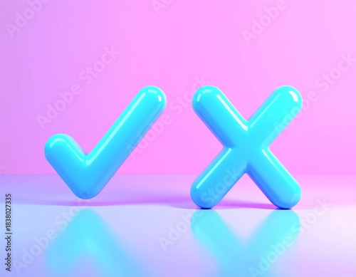 Check mark and cross in aqua color, 3d render, vector like isolated on pink background, yes, no symbol vector, ok, button, illustration, choice, vote icon, cancel, checkbox, right correct wrong sign