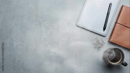 Top view of a modern workspace with a tablet, leather notebook, and steaming coffee. Flat lay office desk background with copy space for text. Business planning concept