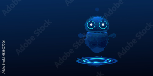 A stylized blue robotic character floating with ripple effects in darkness