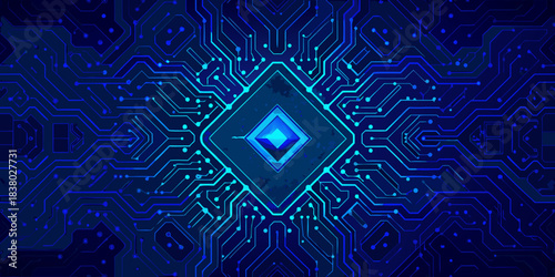 Abstract blue circuit board pattern with a central diamond focal point