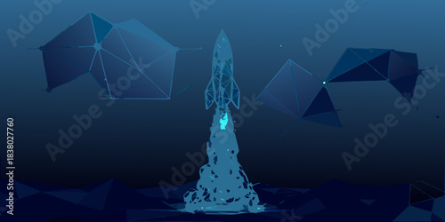 Futuristic rocket launch with polygonal geometric shapes in a dark blue space