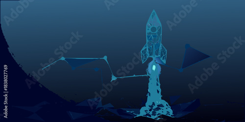 A futuristic rocket launch depicted with abstract geometric elements in blue tones