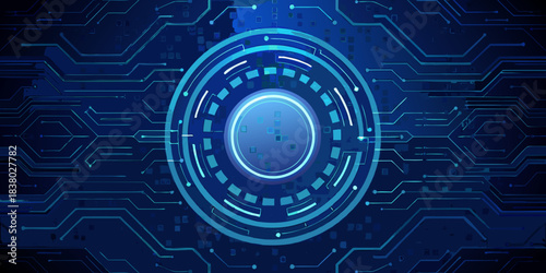 Abstract blue digital circuit board with a central glowing circular focus