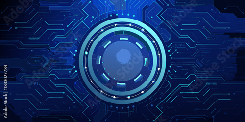 Abstract blue circuit board with a central oval focal point and glowing lines