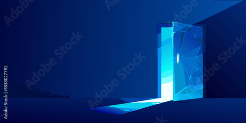 A fractured glowing door stands open in a dark mysterious setting