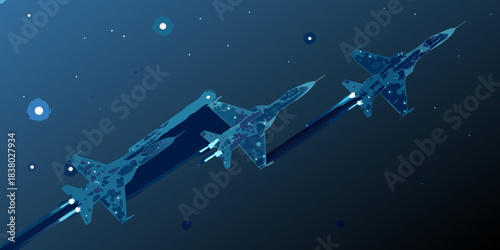 Stylized illustration of fighter jets soaring through a dark starry space