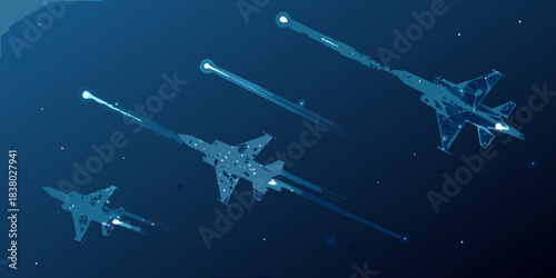 Digital illustration of fighter jets leaving trails across a dark blue space