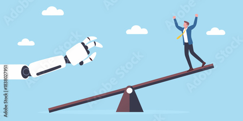 Human and robotic partnership balancing on a seesaw signifying collaboration