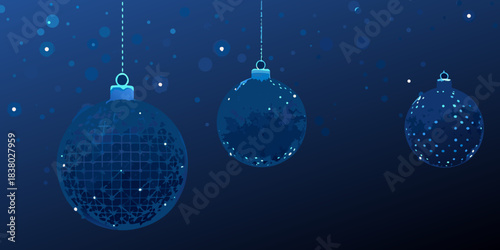 Abstract blue christmas ornaments hanging with a sparkling bokeh background