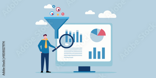 Data analysis process funnel screen and a person examining insights