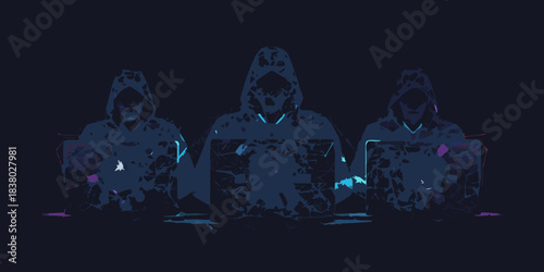 Three hooded figures illuminated by laptop screens in a dark setting