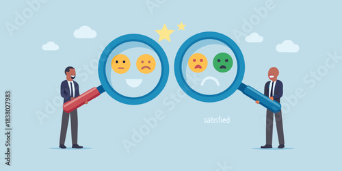 Analyzing emotional expressions two people examining faces with magnifying glasses