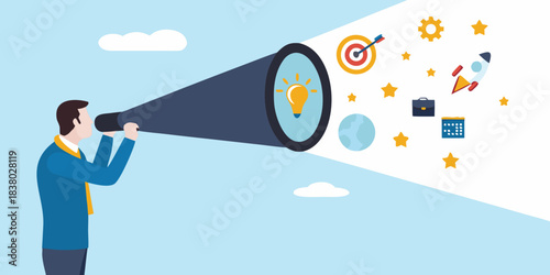 A man looks through a telescope towards goals ideas and future success