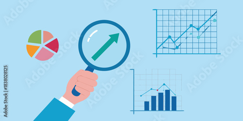 Data analysis with charts graphs and a magnifying glass for detailed review