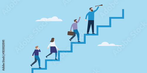 People climbing a staircase representing success and progress towards a goal