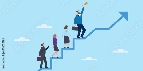 Business people climbing steps toward success with a celebratory announcement