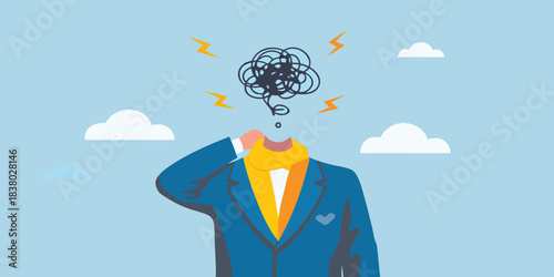 Overwhelmed businessman with tangled thoughts and stressful lightning bolts above head