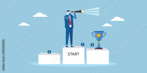 A businessman looks through a telescope at a trophy on a pedestal