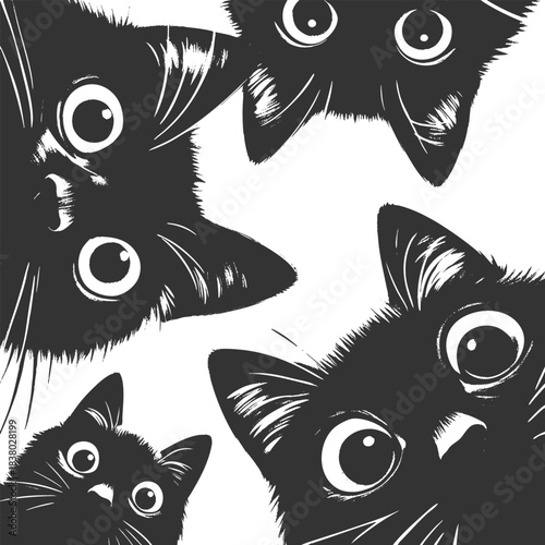 Adorable group of curious black cats with big eyes peering downward sketch engraving generative ai fictional character vector illustration. Scratch board imitation. Black and white image.