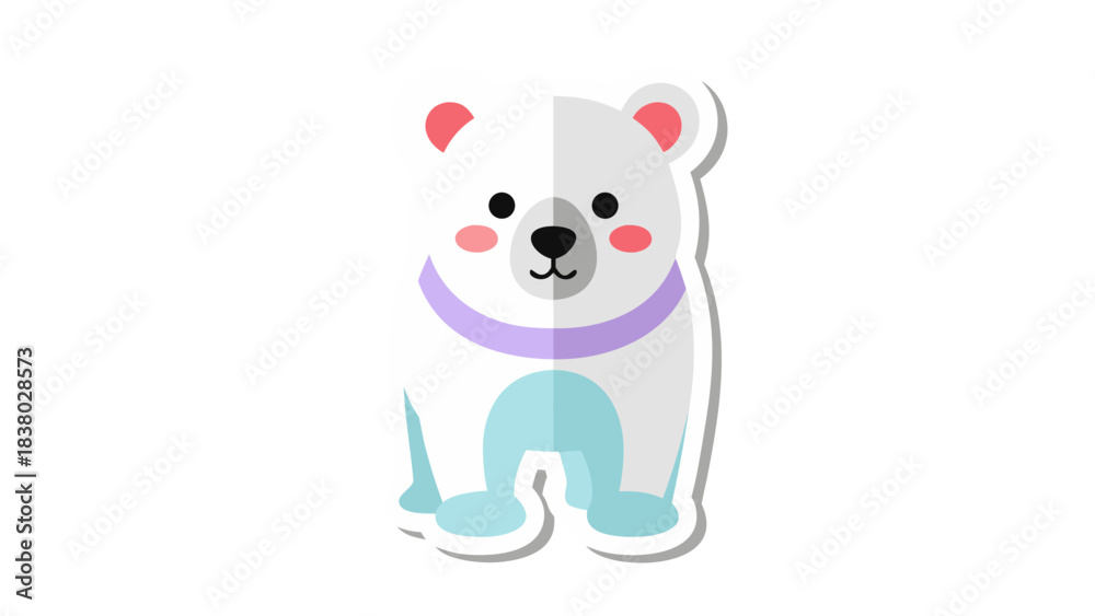 Naklejka premium Cute cartoon polar bear with purple collar and blue accents on a black background adorable arctic animal illustration with pink cheeks and pixelated elements