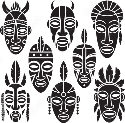 Tribal Masks Silhouette Set Geometric Pattern White Background Traditional Cultural Heritage Design Elements