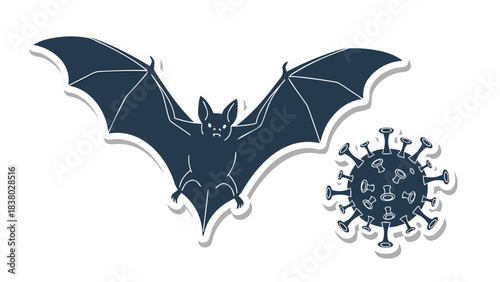 Dark Silhouette Bat Creature Flying Next to a Stylized Coronavirus Particle Illustration Representing Disease Transmission Concept