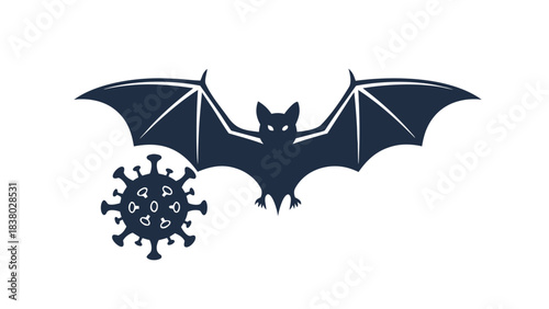 Dark Silhouette of a Bat Carrying a Stylized Virus Icon in a Dark Setting Representing Disease Transmission and Zoonotic Concerns
