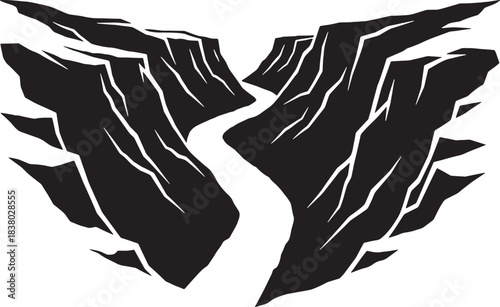 Stylized black and white canyon with river gorge valley
