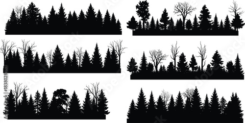 Forest tree line silhouette, coniferous and deciduous trees, seasonal nature illustration, black woodland profile, landscape design, environmental scene, vector art