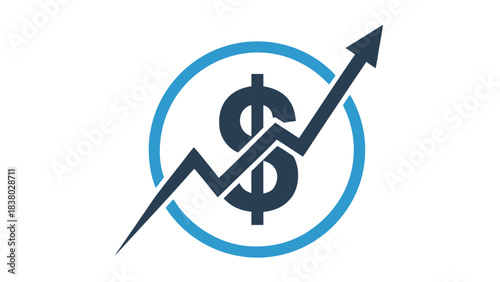 Dark Blue Dollar Symbol With Upward Trending Arrow and Light Blue Circle On Black Background Representing Financial Growth And Success